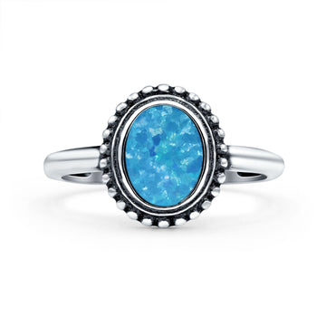 Petite Dainty Lab Opal Ring Solid Round Oxidized Lab Created Blue Opal 925 Sterling Silver